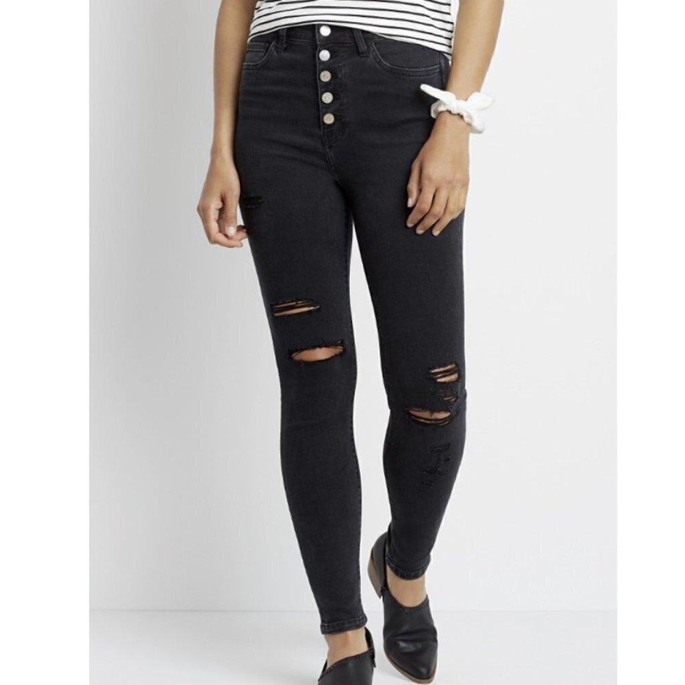 Maurices Distressed Button Fly Skinny Black Denim